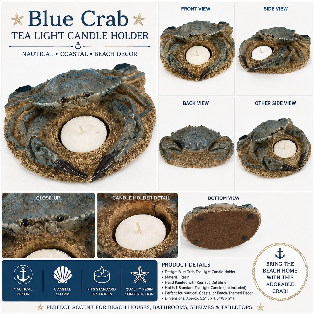 Blue Crab Tea Light Candle Holder Nautical‎ Coastal Beach Decor Resin Figurine